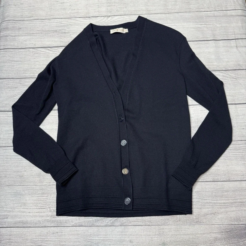 Tory Burch‎ Simone Cardigan Wool Navy XS  Logo Button Preppy V-Neck